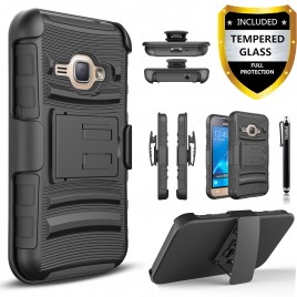 Samsung Galaxy J1 Case, Dual Layers [Combo Holster] Case And Built-In Kickstand Bundled with [Premium Screen Protector] Hybird Shockproof And Circlemalls Stylus Pen (Black)
